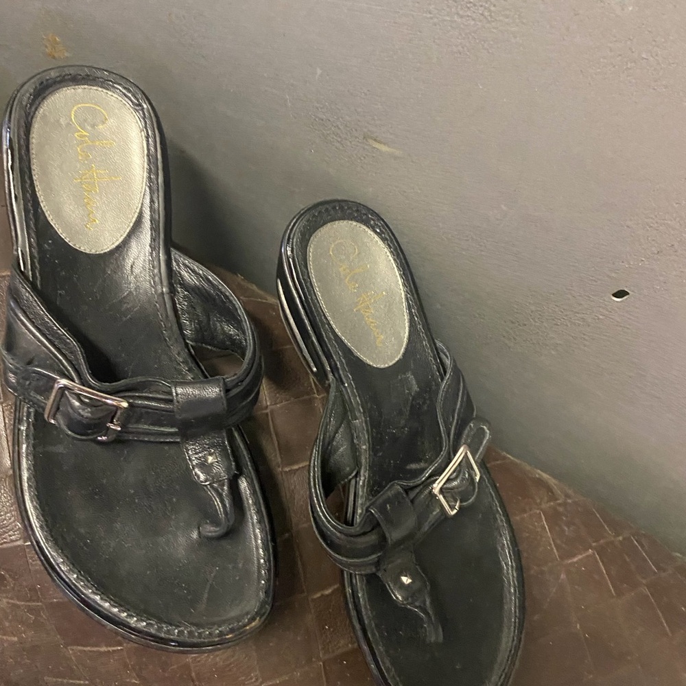 Cole Haan Black Leather Slip-On Sandals with Gold Accent